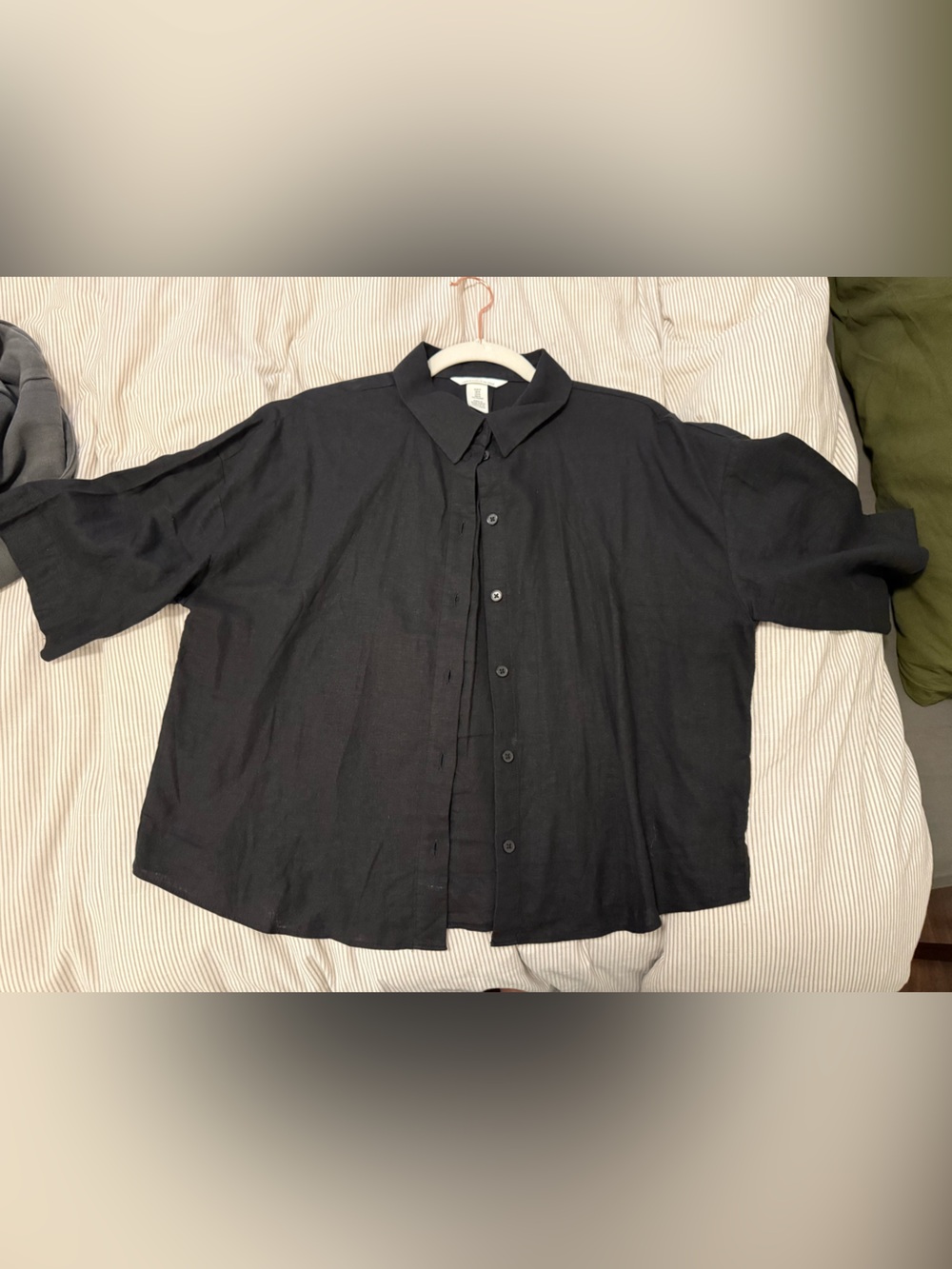 H&M Black Short-Sleeve Linen Blend, Button-Down Shirt